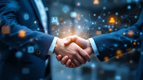 Business professionals handshake modern office digital network icons collaboration ai innovation