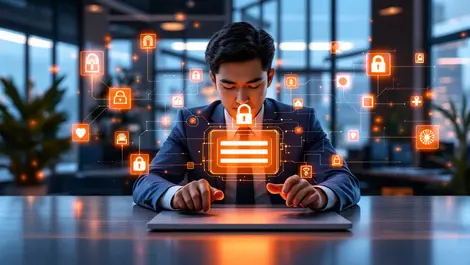 Digital illustration secure login laptop biometric authentication fingerprint shield icons modern office