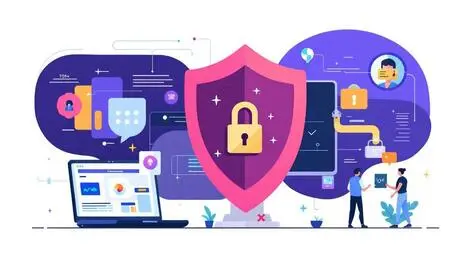 Secure digital environment shield lock laptop smartphone cybersecurity elements