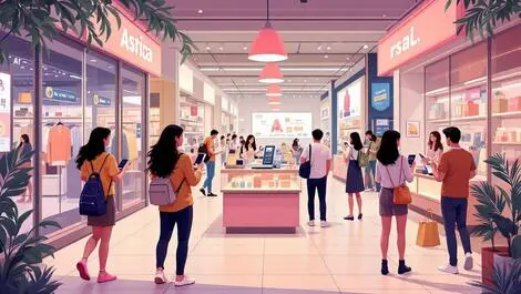 Illustration bustling modern retail asia pacific shoppers smartphones ai integration