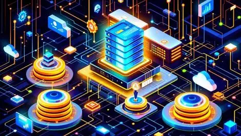 Abstract high tech data center kubernetes ai technology efficient data flow storage management modern vivid colors