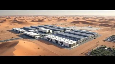 Aerial view modern data centre abu dhabi solar panels cooling desert ai