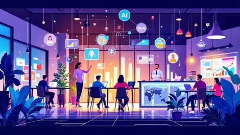 Modern co working space entrepreneurs collaborating digital icons ai fintech automation global connectivity singapore startup ecosystem