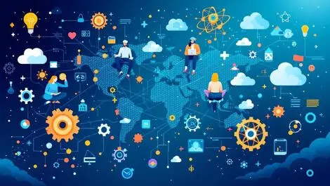 Dynamic global network interconnected people collaborating innovation challenges engineering life sciences data science