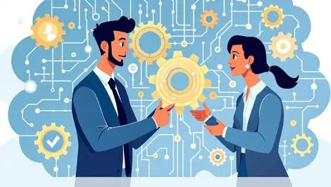 Business professionals examining ai driven automation gears circuit patterns collaboration