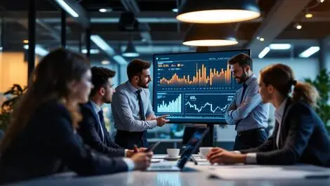 Group of business executives in modern uk office with ai digital screen chart