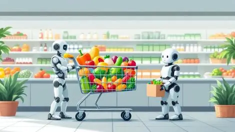 Grocery shopping cart filled with fresh food and robot assistant australian supermarket