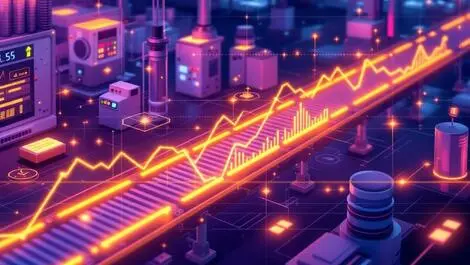 Modern factory floor conveyor belts machines glowing data lines charts real time analytics