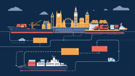 Interconnected cargo containers shipping vessels british government buildings supply chain illustration