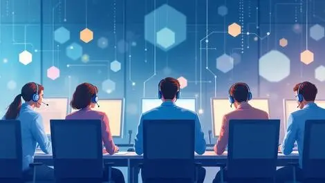 Modern office call center team working at desks with headsets data connectivity