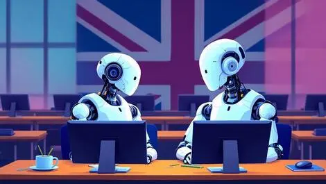 Robot human student classroom ai learning uk british flag colors