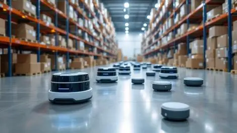 Small warehouse robots moving packages on large warehouse floor
