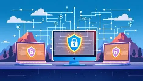 Cyber security continuous defense computer screens shields padlocks australian landscape
