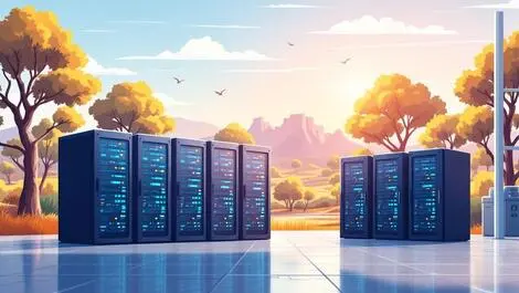 Digital illustration large server racks australian landscape eucalyptus trees clear sky