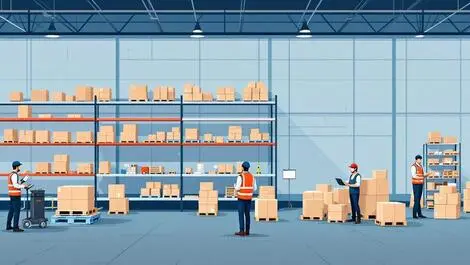 Modern warehouse interior organized shelves boxes pallets workers anz