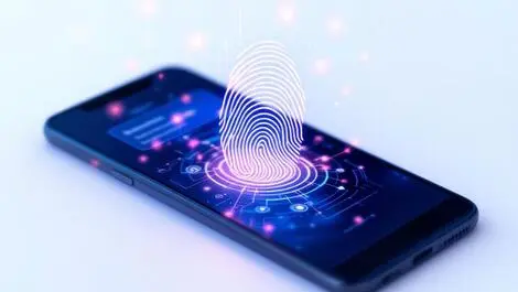 Digital fingerprint overlaid on smartphone symbolizing secure identity verification