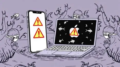 Illustration smartphone laptop warning symbols fish hooks masked figures cyber threats apple devices