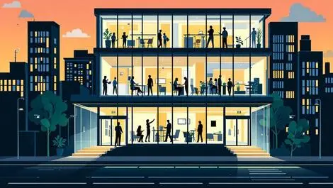 Modern stockholm office building collaborating people secure entry cameras tech hub