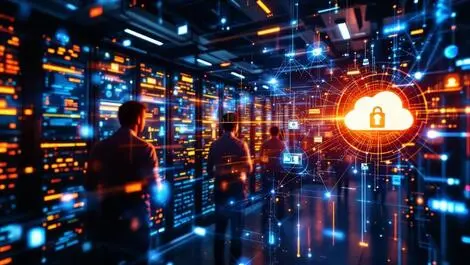 Realistic secure data center cybersecurity professionals monitoring