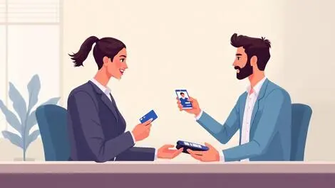 Real estate agent holding id card client digital payment verification