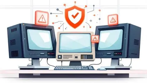 Uk business office old computer servers desktop monitors digital security shields warnings