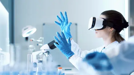 16x9 life sciences scientist wearing vr headset shs 2327297277