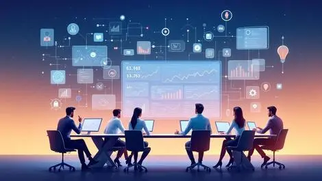 Business professionals reviewing digital data charts ai technology conference