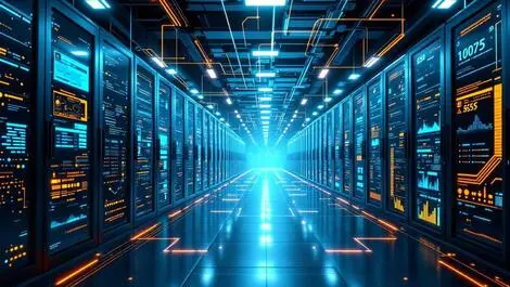 Detailed illustration server room computer racks glowing data flow lines