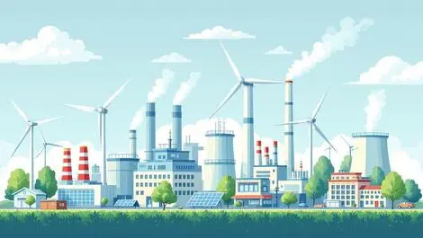 Industrial factories powered by wind solar reducing emissions clean skies
