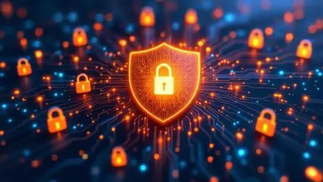 Realistic shield with digital locks and circuits cyber resilience msp protection