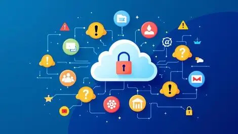 Digital lock warning symbols cloud app icons vulnerability cloud security saas