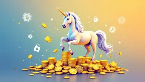 Majestic unicorn on gold coins with blockchain symbols and crypto locks
