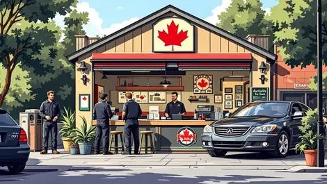 Realistic canadian auto repair shop mechanic working car happy customers