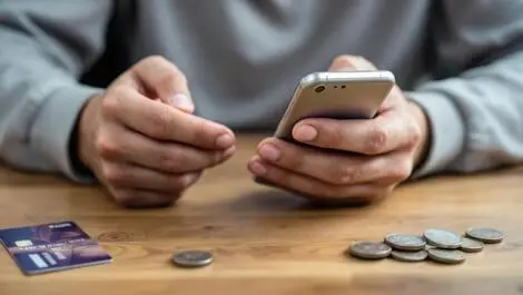 Worried british consumer checking banking app on smartphone payment security uk