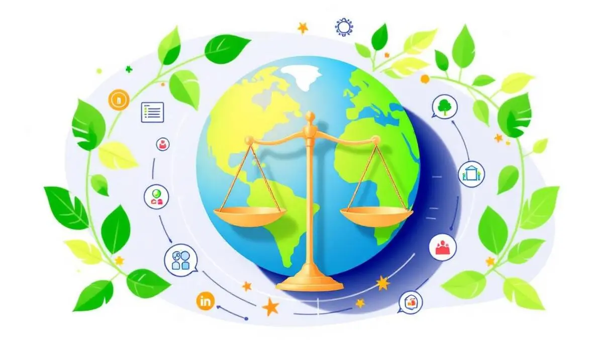 Illustration globe legal scales green leaves esg interconnected icons