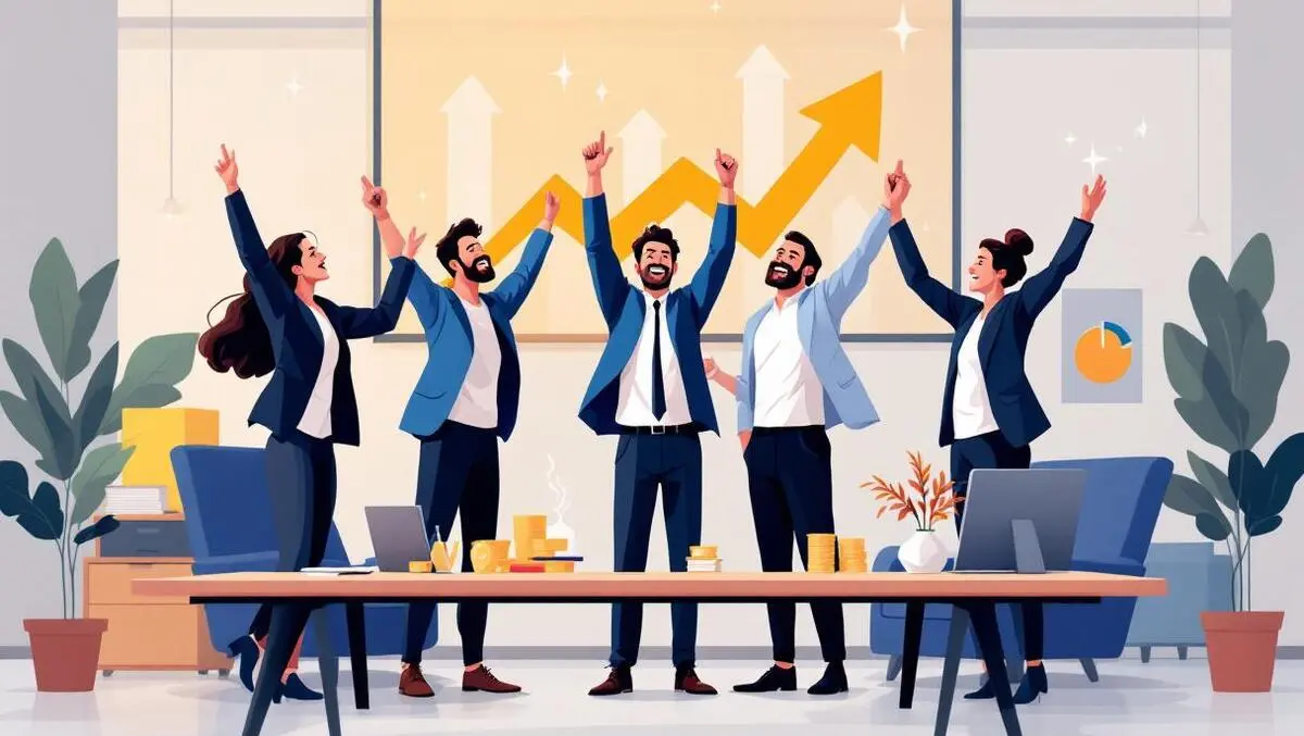 Business team celebrating office upward arrows financial growth automation