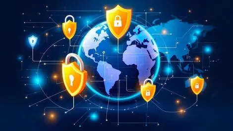 Global cyber defense digital shields security padlocks network connections