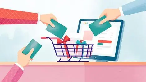 Multiple hands grabbing gift cards digital shopping cart simultaneous redemption online checkout