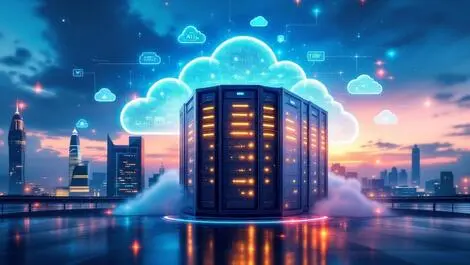 Secure data center glowing servers digital clouds indonesia city skyline ai infrastructure