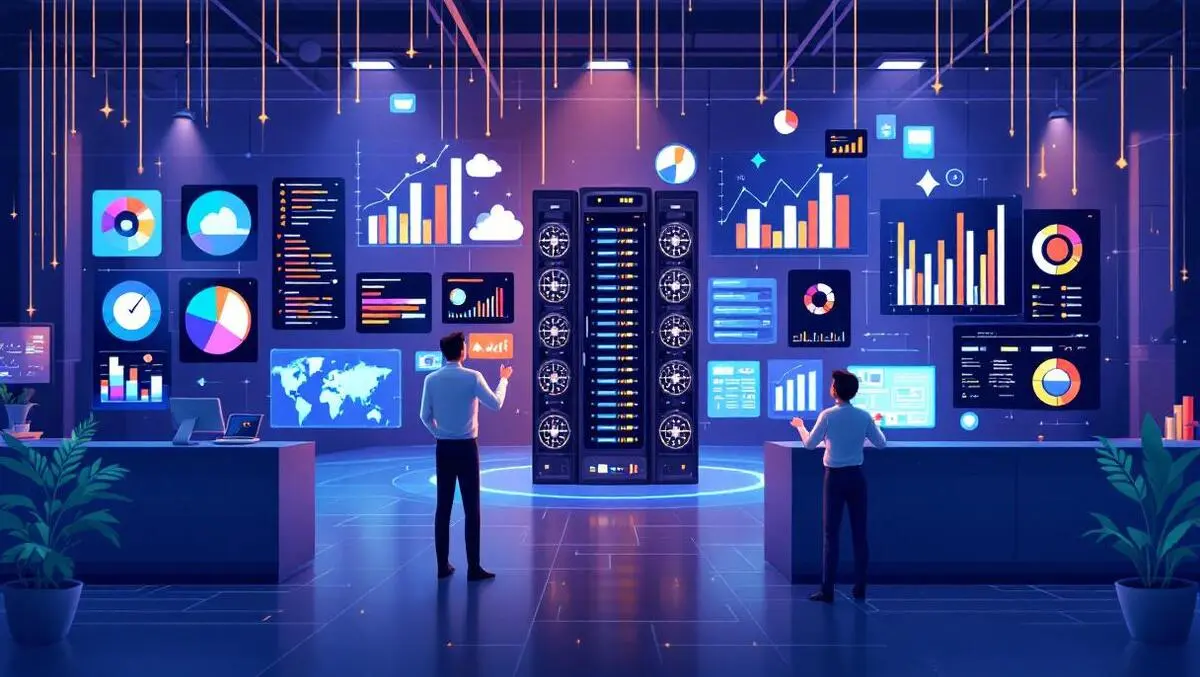 Realistic modern data center servers digital dashboards analytics costs