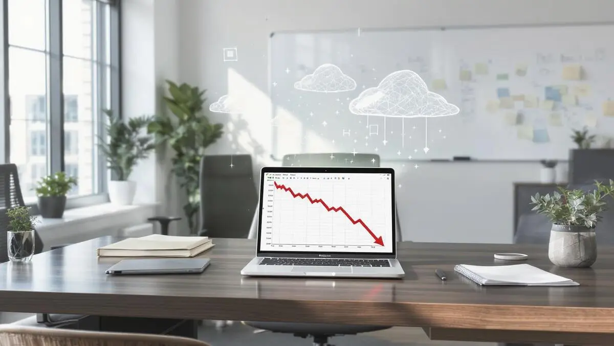 Modern european office desk computer declining budget chart cloud icons