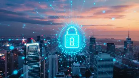 Modern city skyline digital lock network connections cybersecurity identity management