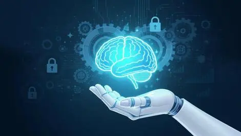 Robot hand holding glowing brain ai ethics security innovation vector