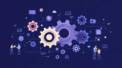 Interconnected gears digital interfaces automated marketing modern office