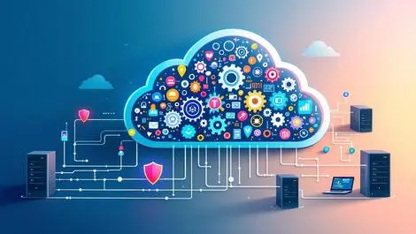 Cloud with gears code shields surrounded by servers for it management