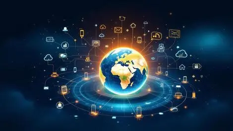 Interconnected global communication symbols speech bubbles cloud mobile network earth glow