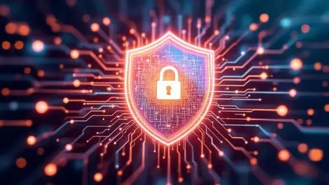 Realistic locked digital shield surrounded by ai neural network patterns secure protection