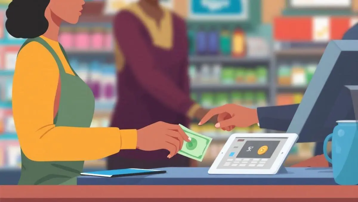 Person handing cash over retail counter cashier using tablet digital coin icon convenience store