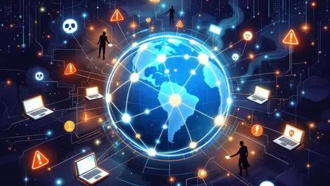 Digital globe network with connected nodes shadowy hackers and warnings