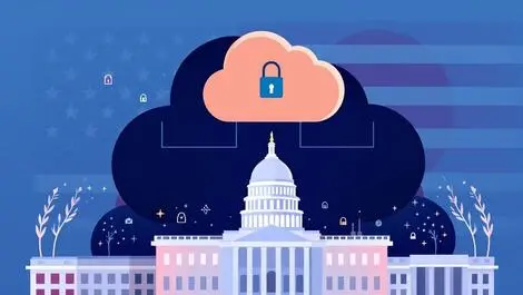 Secure cloud government buildings digital locks us flag motif illustration